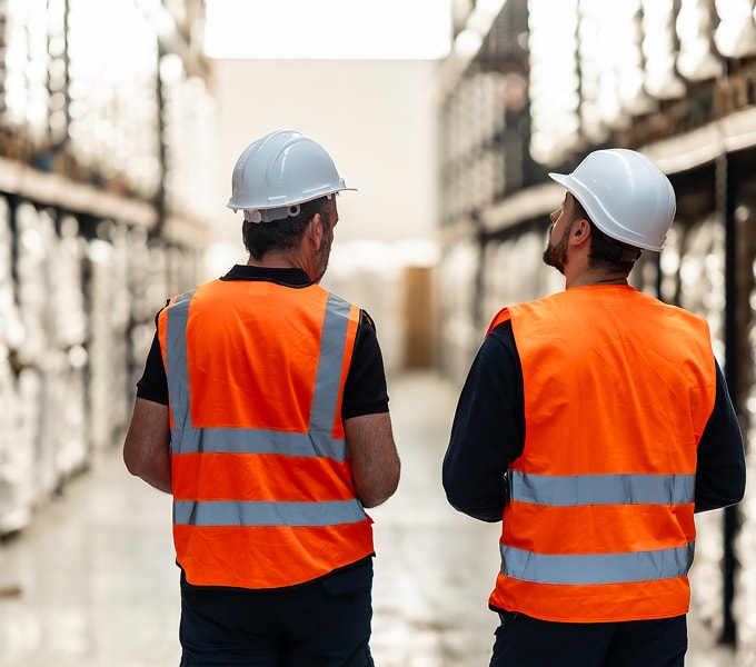 Two workers in a logistics warehouse